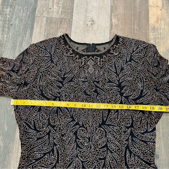 Laurence Kazar Beaded Sequin Black Brown Iridescent Silk Blouse Large Vintage - Picture 3 of 8